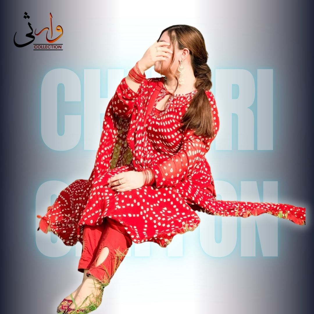 🌸 Handmade Chiffon Chunri Collection – 3 Piece Suit Red Colour 🌸