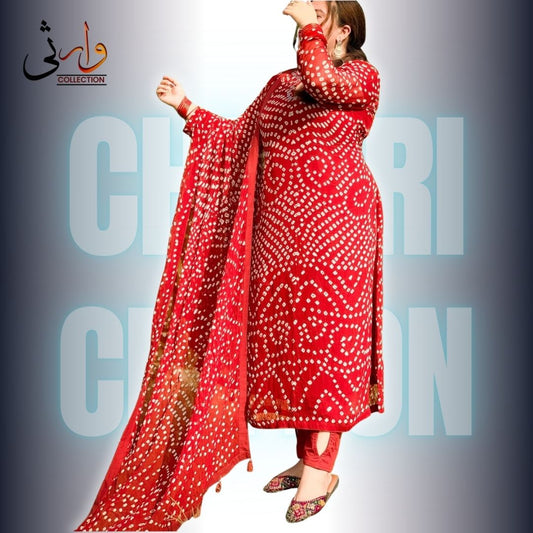 🌸 Handmade Chiffon Chunri Collection – 3 Piece Suit Red Colour 🌸